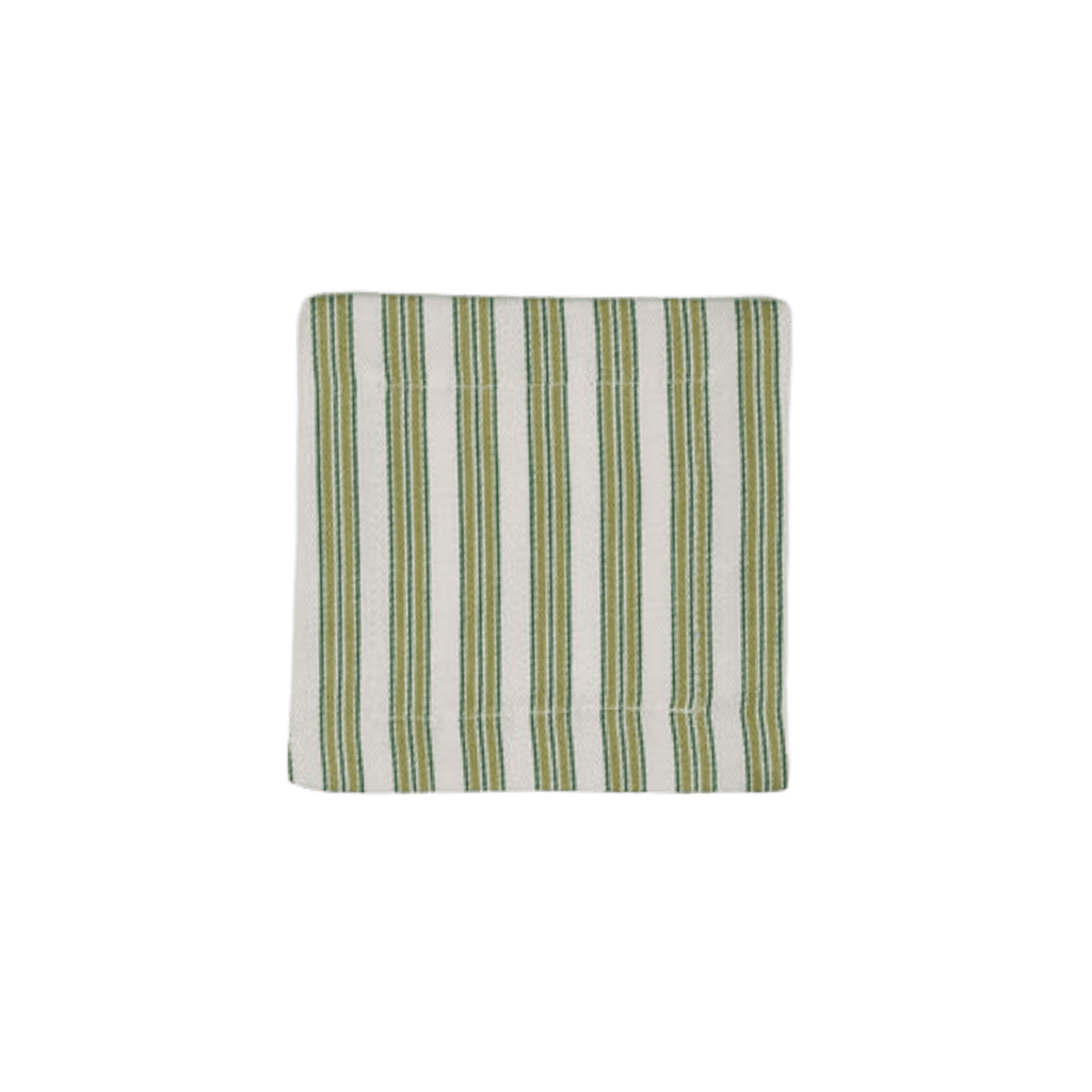 Green and white striped linen cocktail napkin