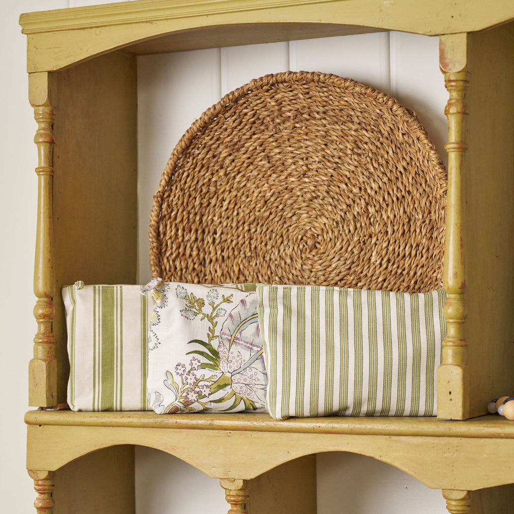 green striped cosmetic bag