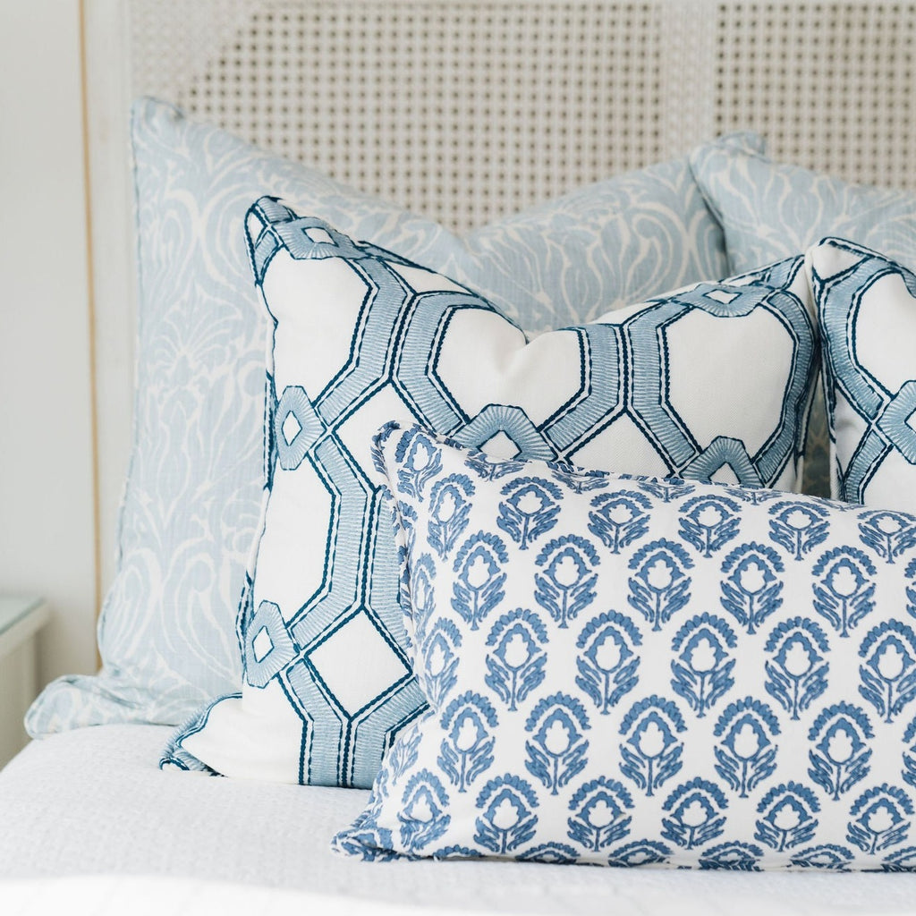 Benton Blue Throw Pillows Displayed with a Broad Steel Lumbar Pillow and Lockwood Mineral Euro Shams