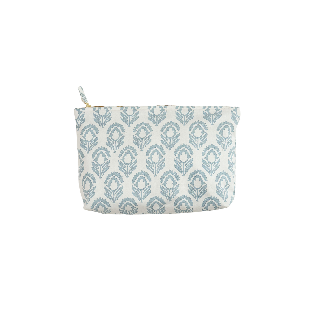 blue block print cosmetic bag