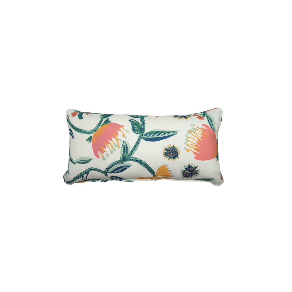 pink, yellow, green and blue floral print linen mini lumbar pillow