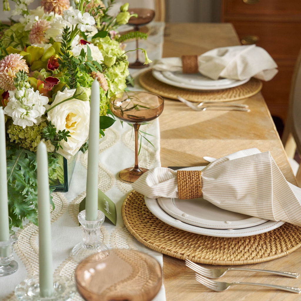 tan and white embroidered table runner