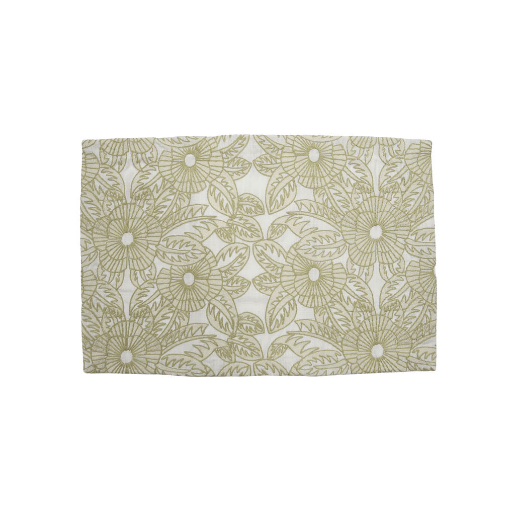 green and white floral embroidered linen placemat