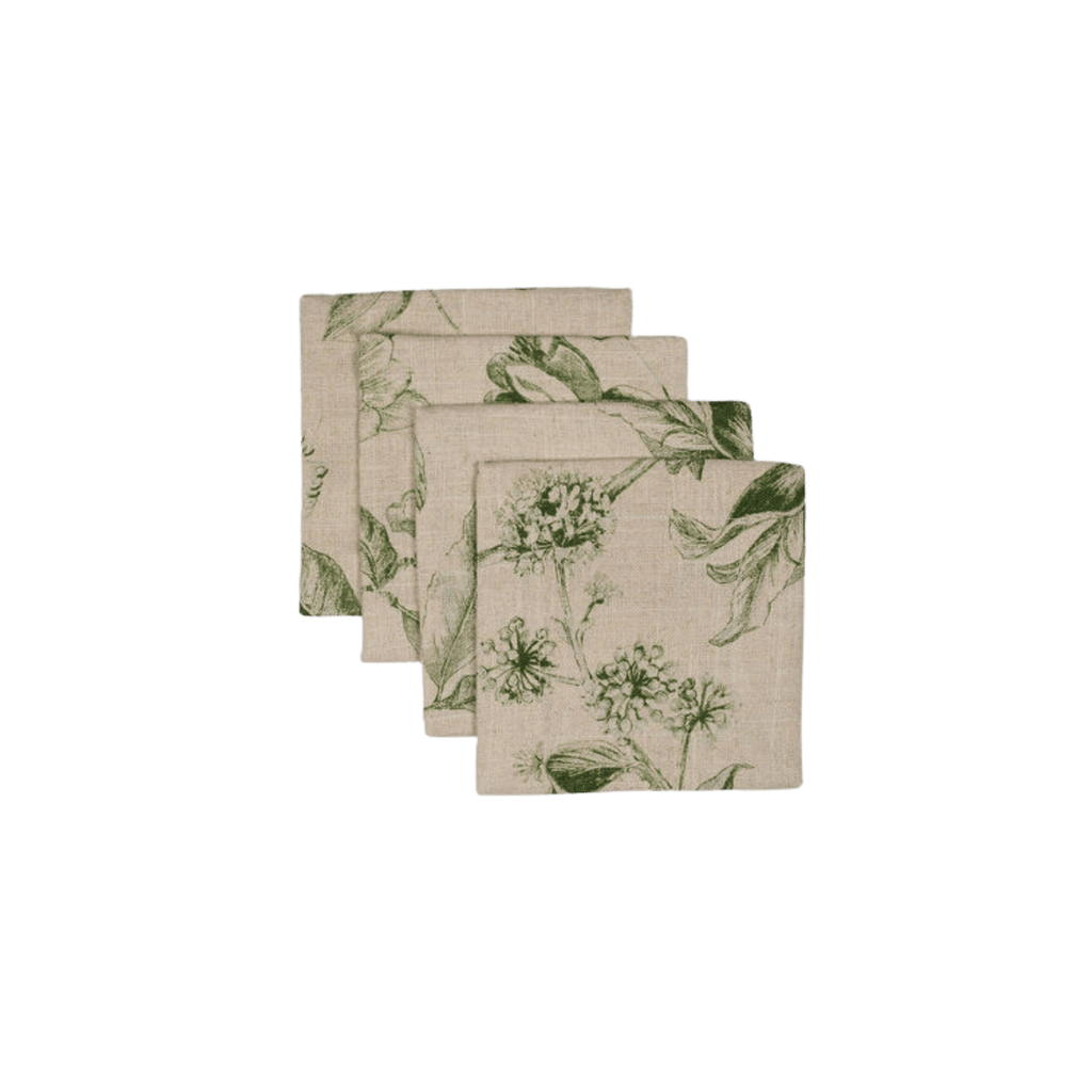 tan and green floral linen cocktail napkins