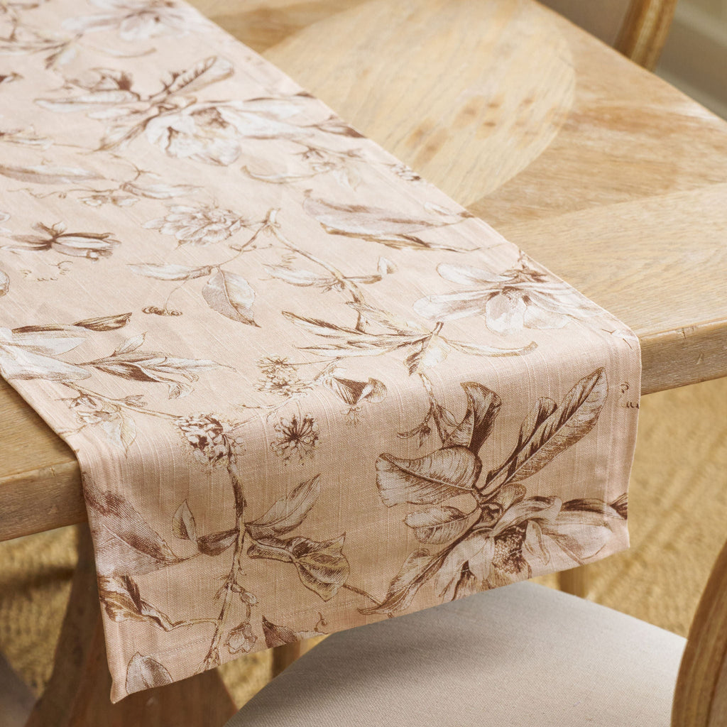 blush pink floral patterned table runner