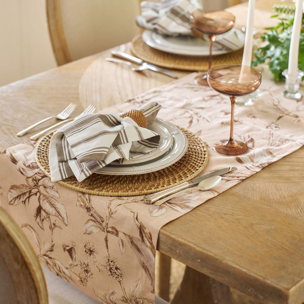 light pink and brown floral patterned table runner