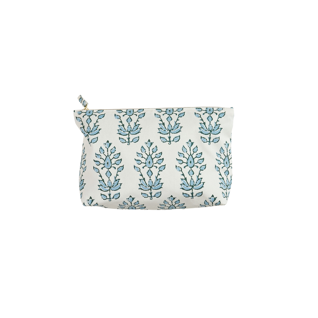 blue floral block print cosmetic bag 