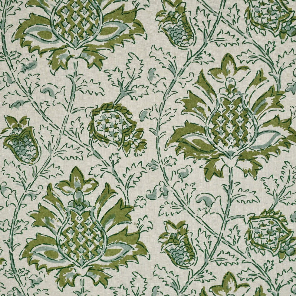 green floral coastal pattern with hints of blue