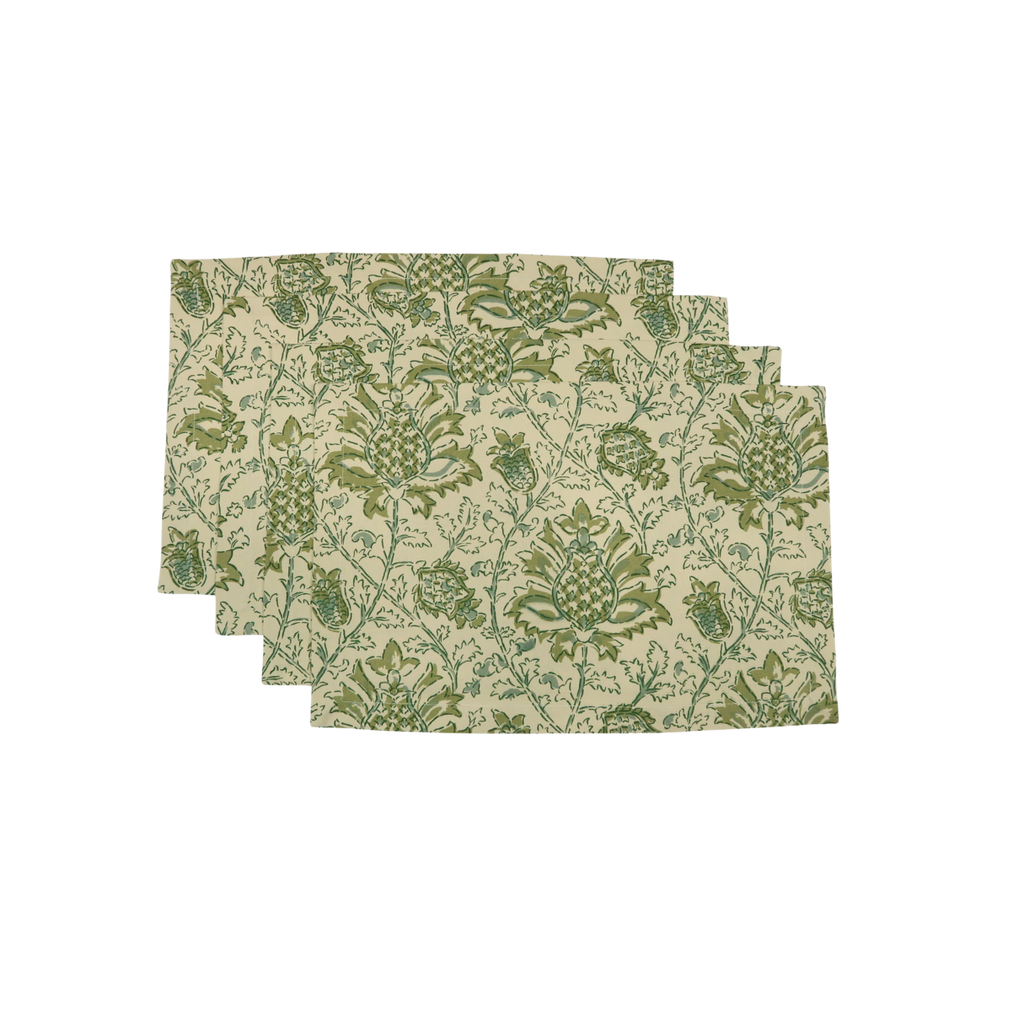 green and cream floral design linen placemats
