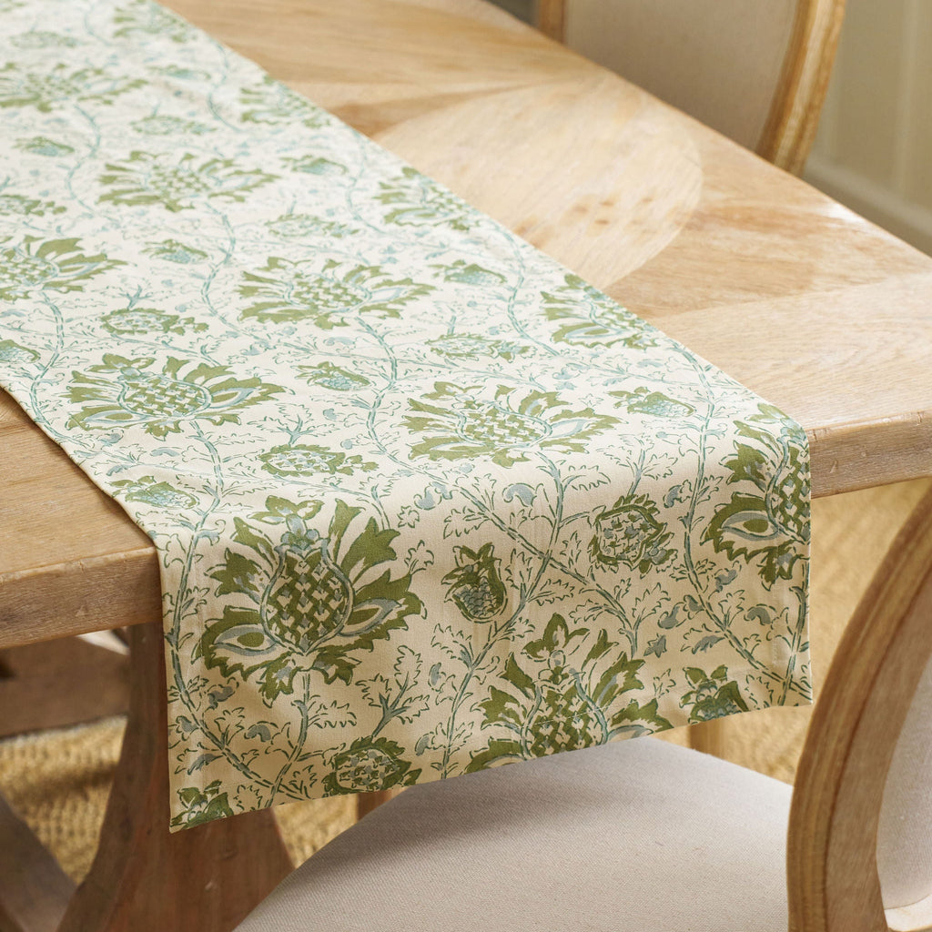 green and blue floral block print table runner