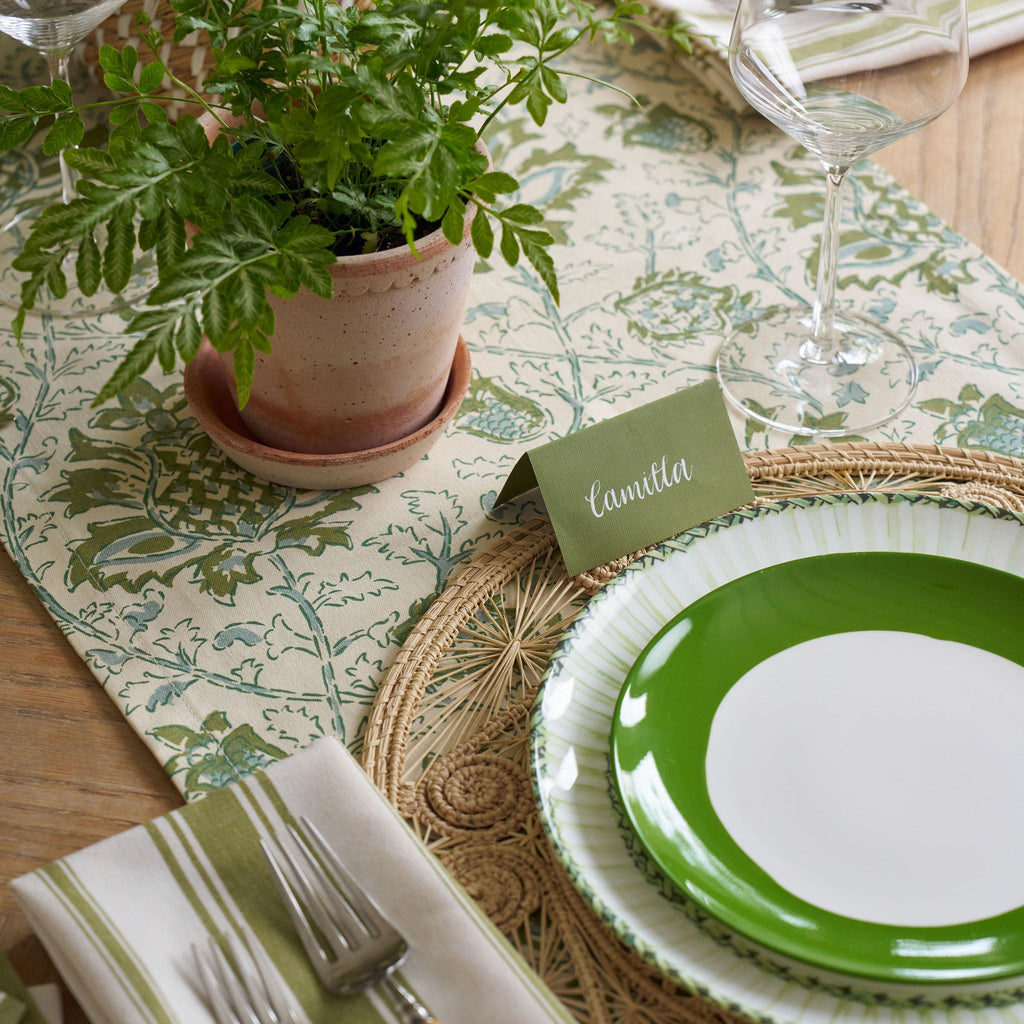 green and blue floral patterned table runner 