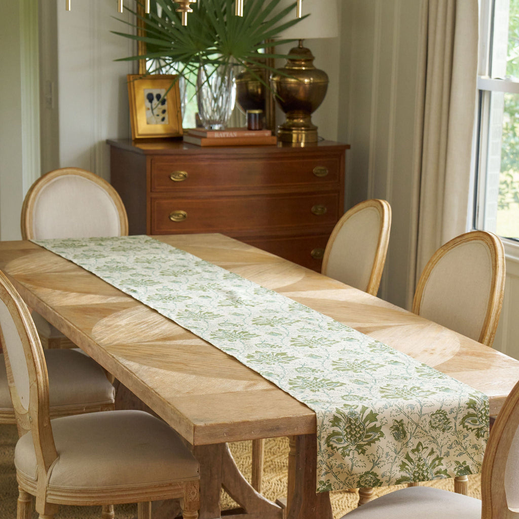 green and blue floral block print table runner