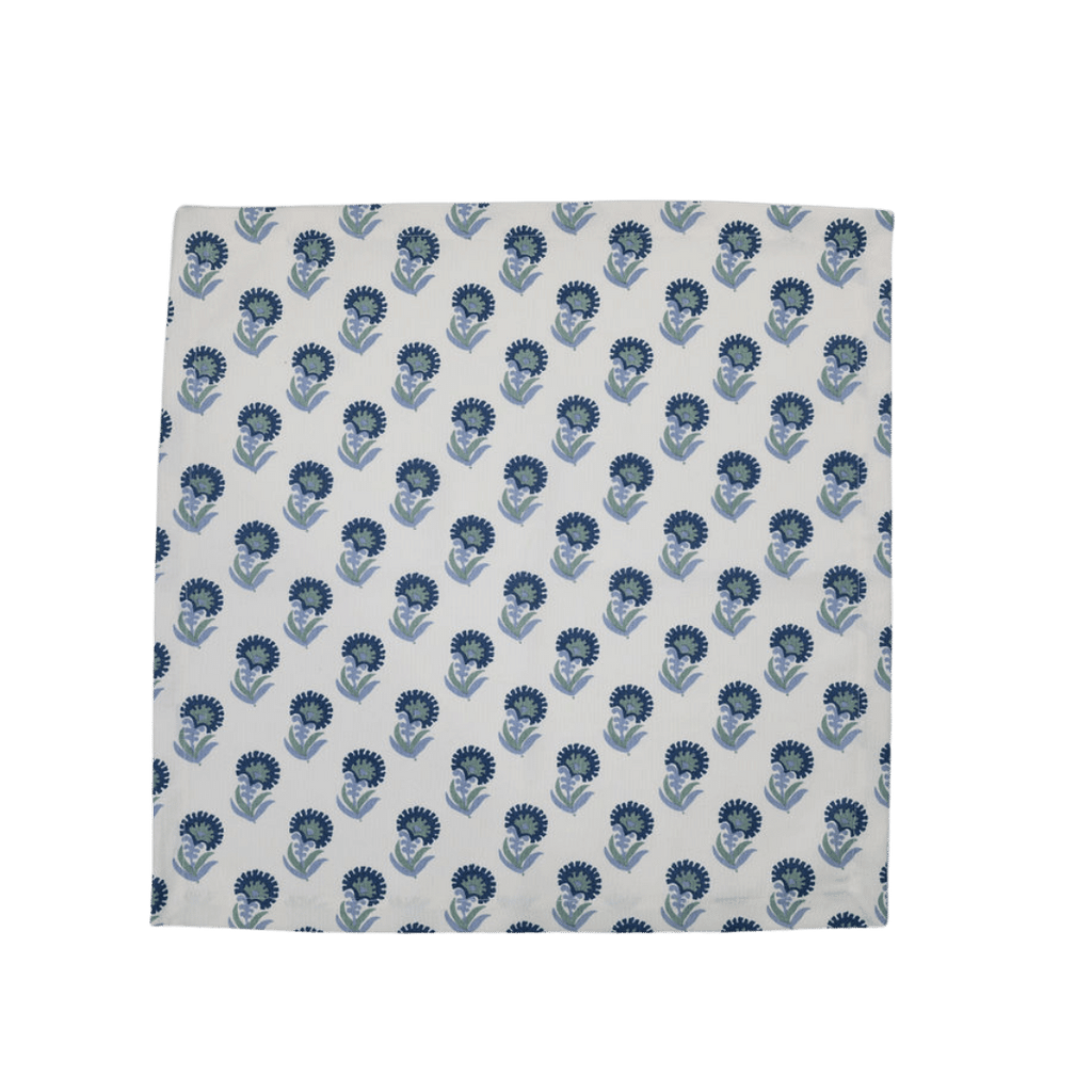 blue and white floral linen dinner napkin