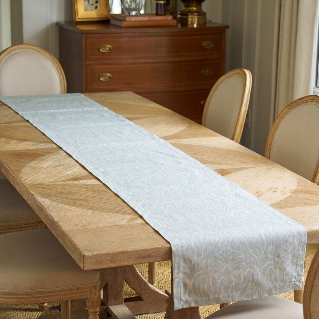 light blue patterned table runner
