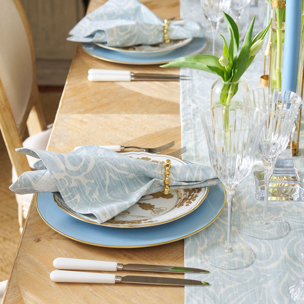 blue and white patterned table runner
