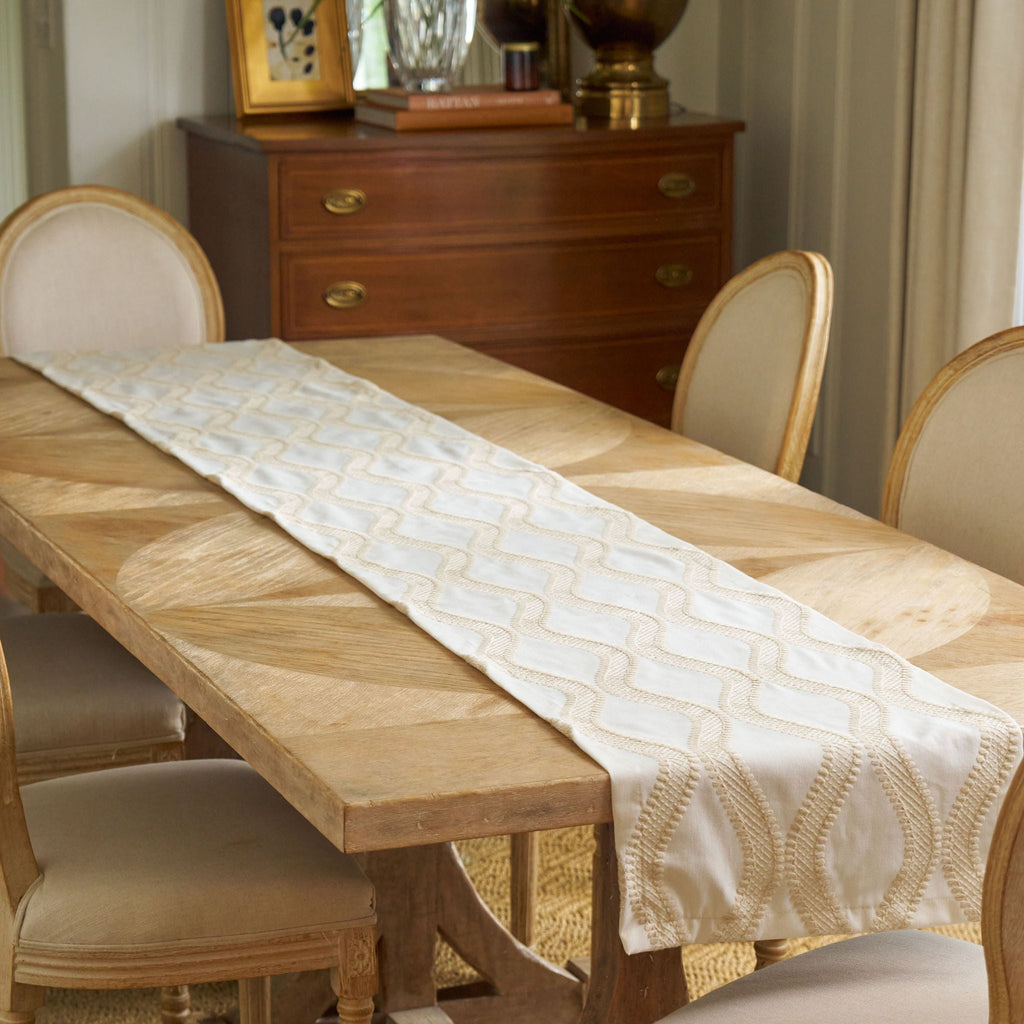 embroidered white and cream table runner