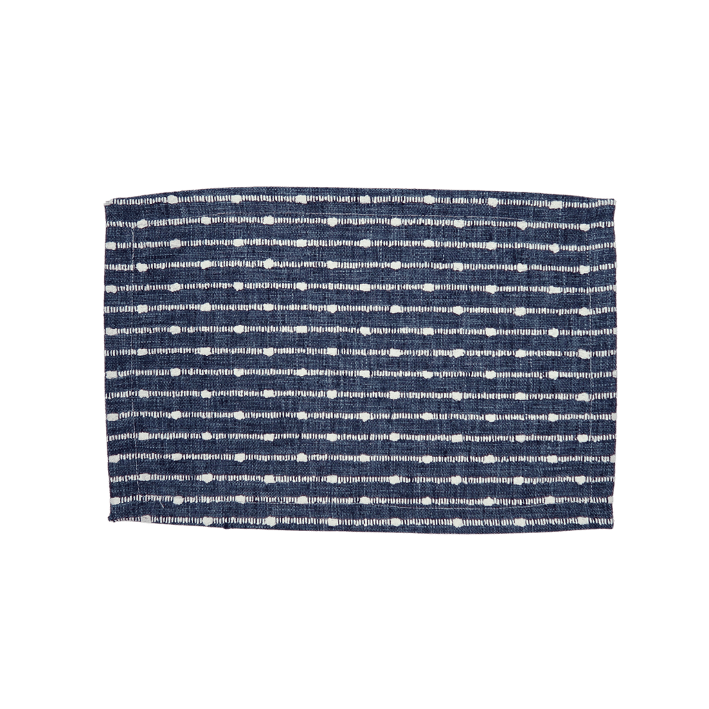 navy blue and white embroidered striped linen placemat