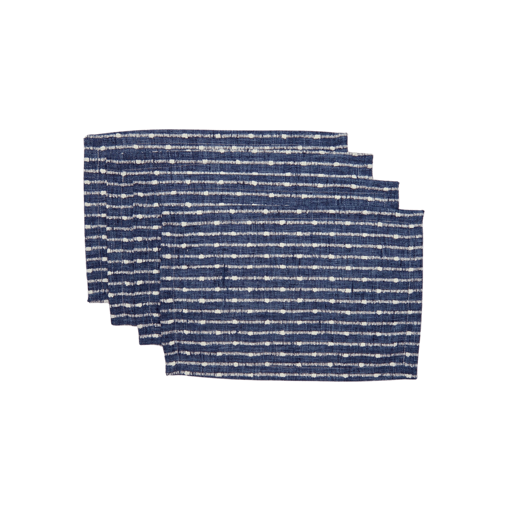 navy blue and white embroidered striped linen placemats