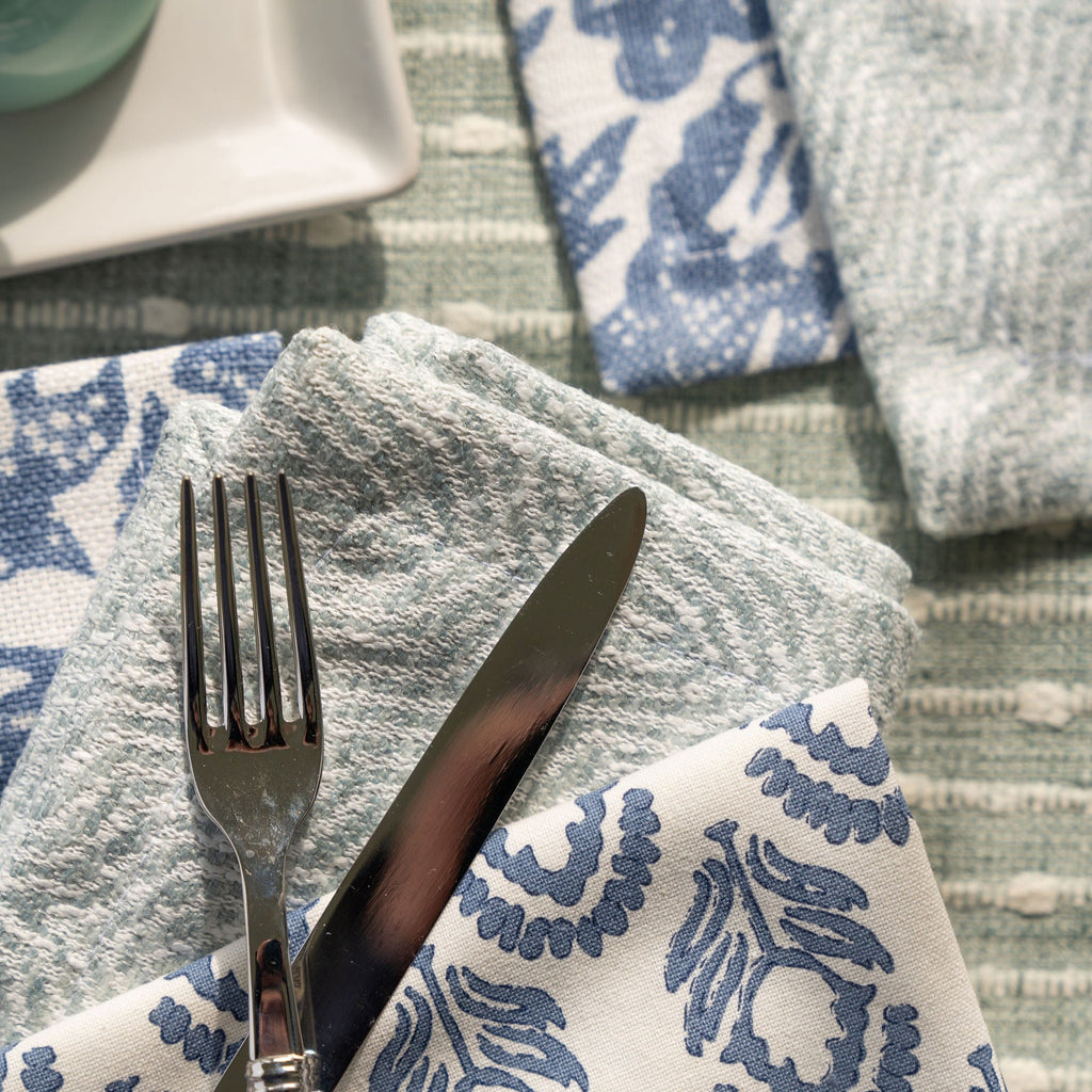 Stono Coast Dinner Napkin Displayed with Broad Steel, Smith Lagoon and Hart Chambray accents