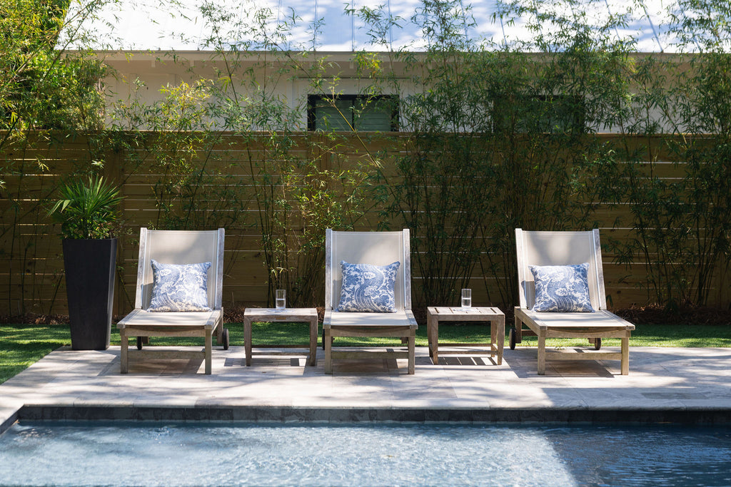 summer edit blue and white pillows outdoor living poolside lounging ideas