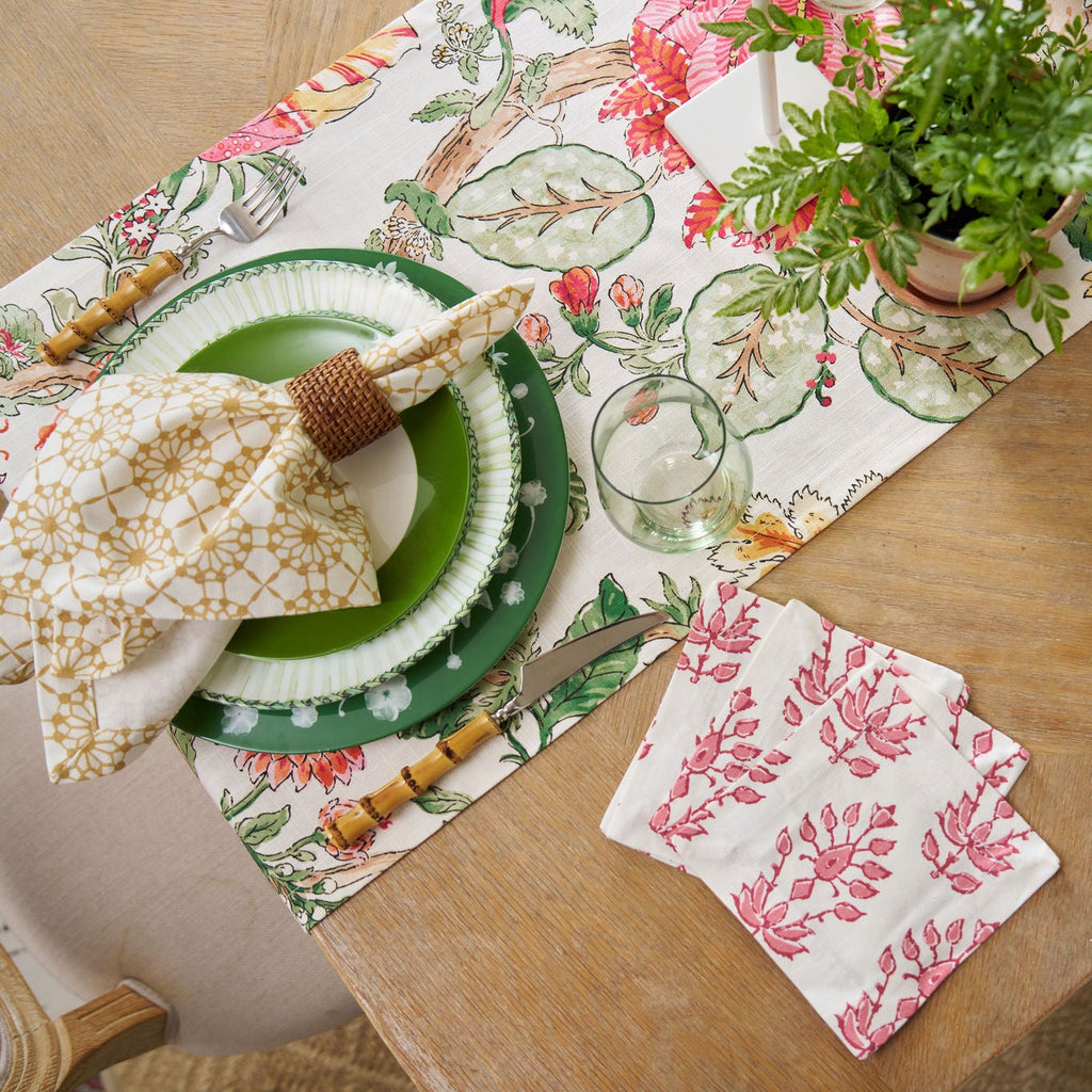 pink and green floral patterned table runner