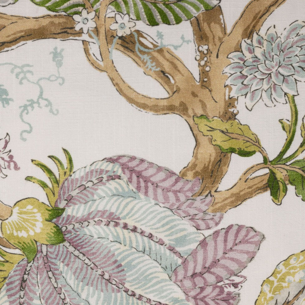 violet, green, and brown floral fabric pattern 