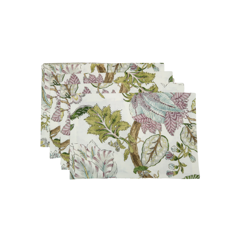 purple, green and neutral floral linen placemats