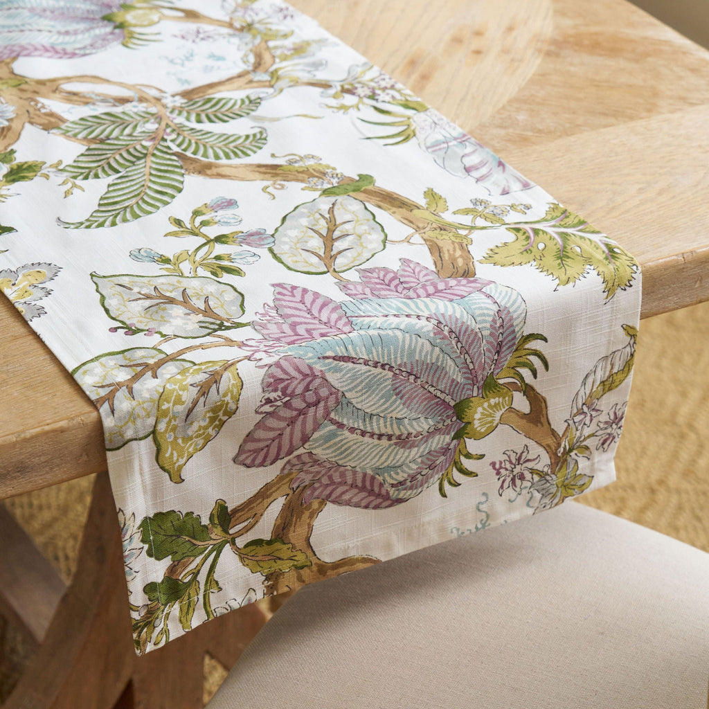 purple and green floral patterned table runner 