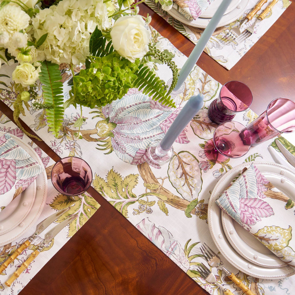 purple and green floral patterned table runner
