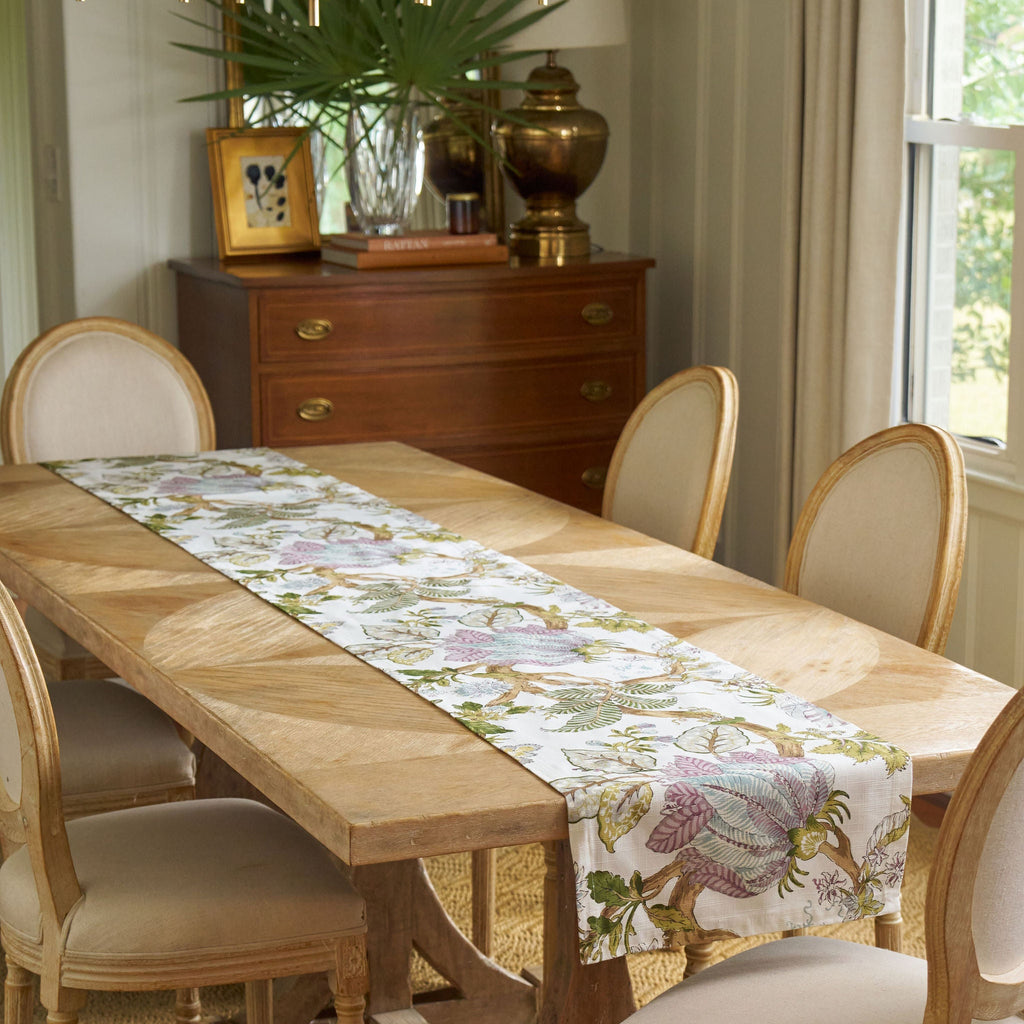 purple and green floral patterned table runner 