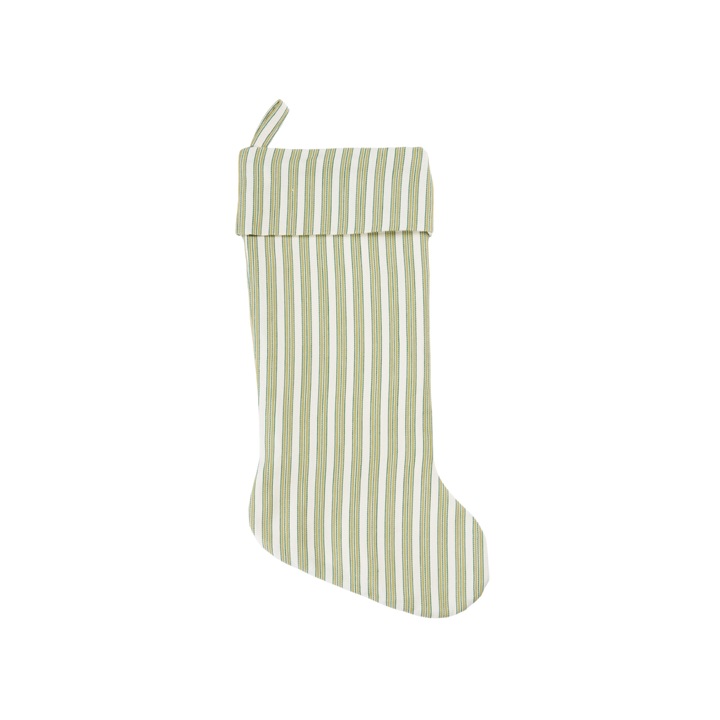 Green and white striped Christmas stocking on a white background