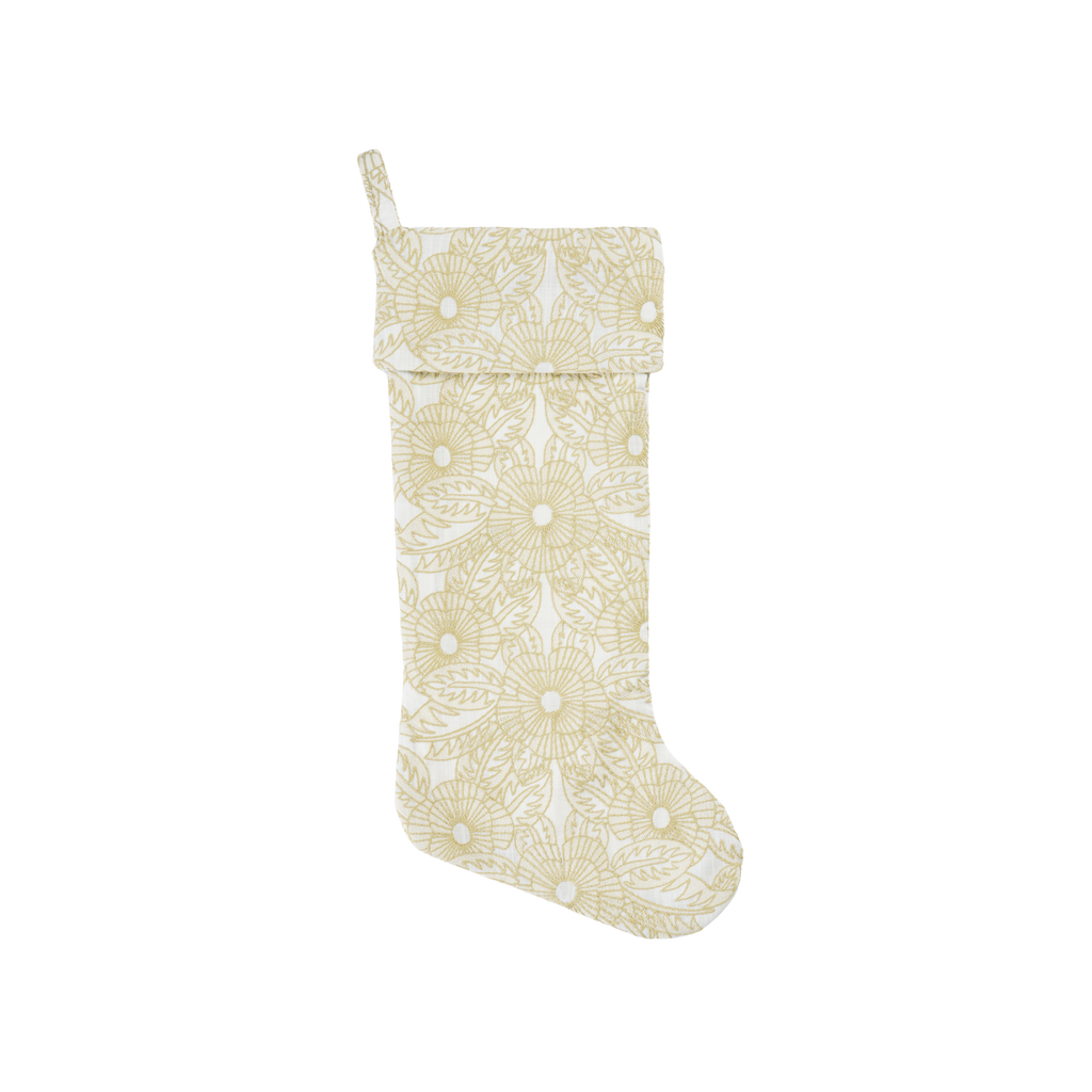 Beige Christmas stocking with white pattern on a white background