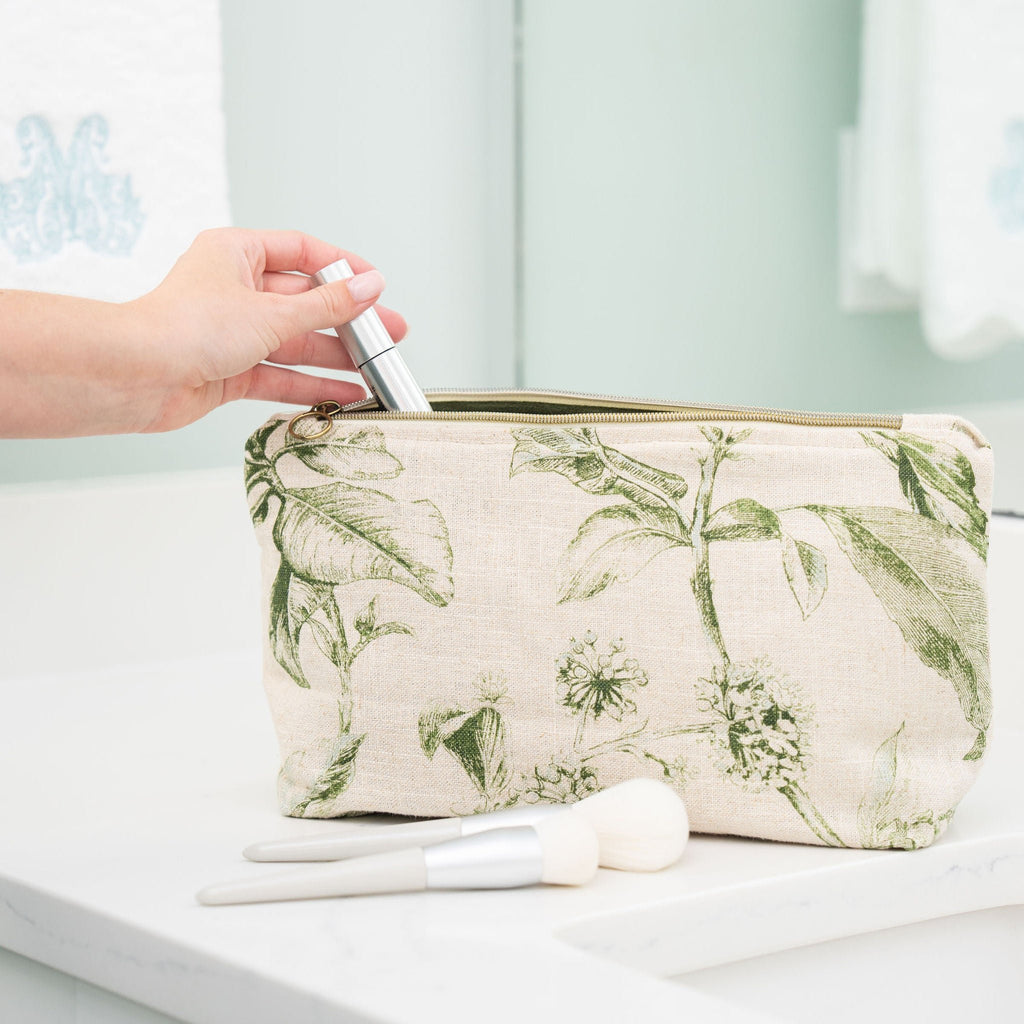 green and natural colored floral cosmetic bag or makeup bag or toiletry bag 