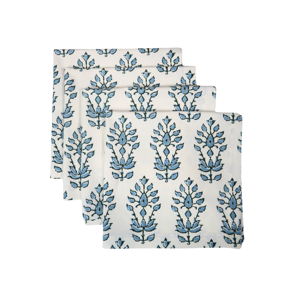 blue and white floral motif dinner napkins printed