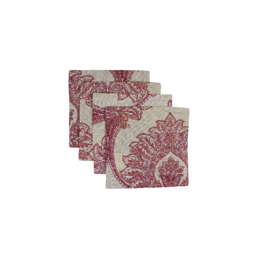 red and pink floral motif on a natural background. christmas napkin. holiday napkin.