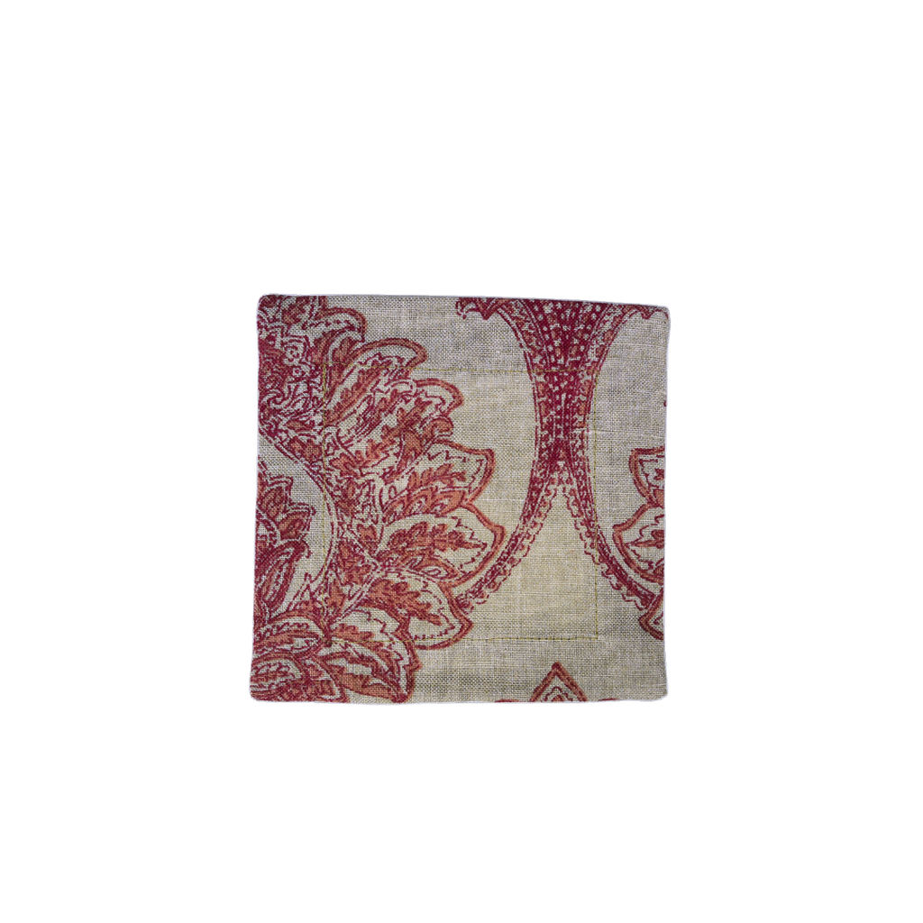 natural background cloth cocktail napkin with burgundy block print floral design