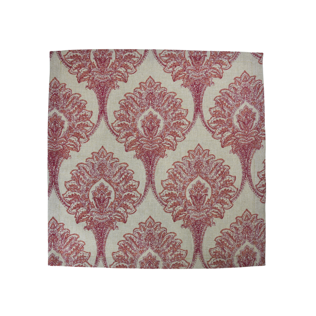 pink and red floral motif with a natural colored base cloth 