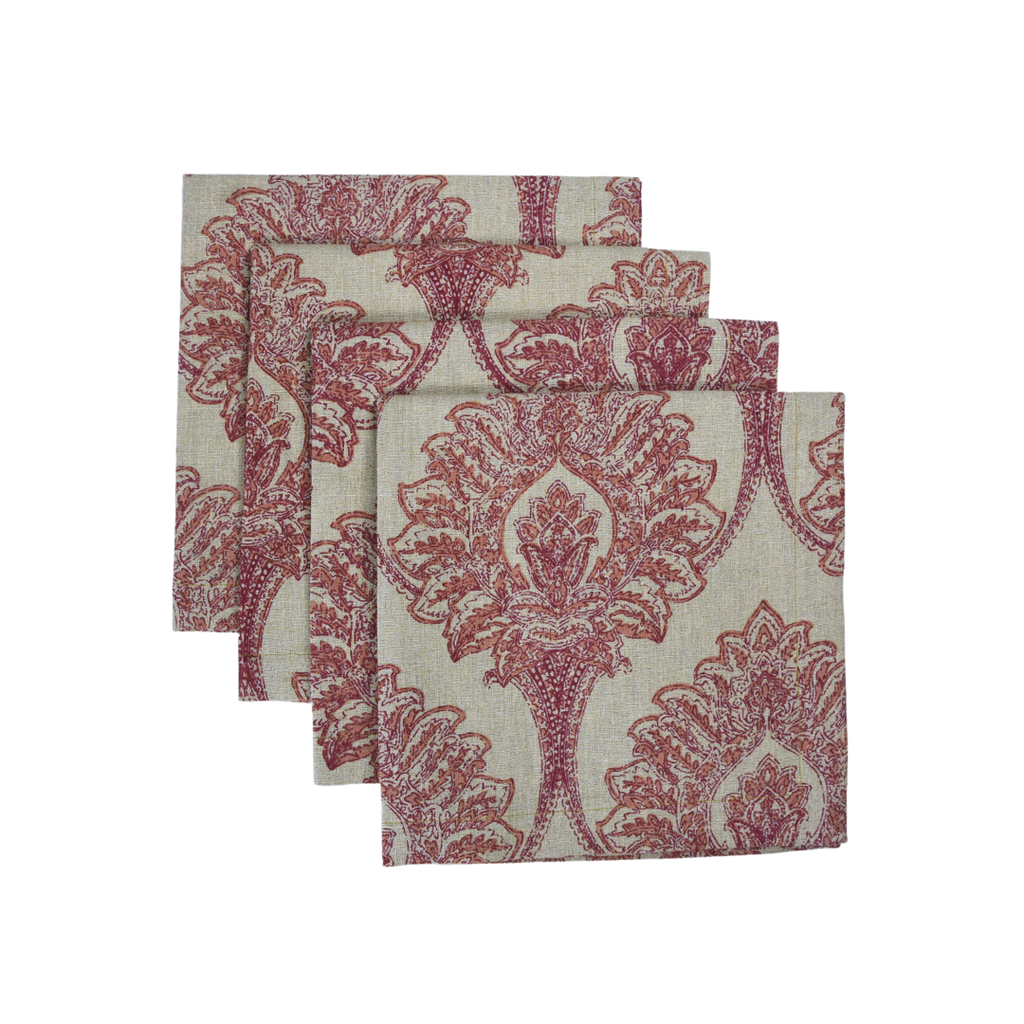 pink and red floral motif on a natural linen base fabric 