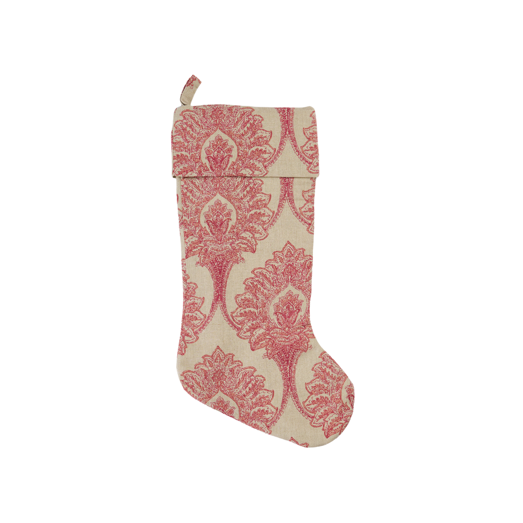 Decorative Christmas stocking with red pattern on a white background