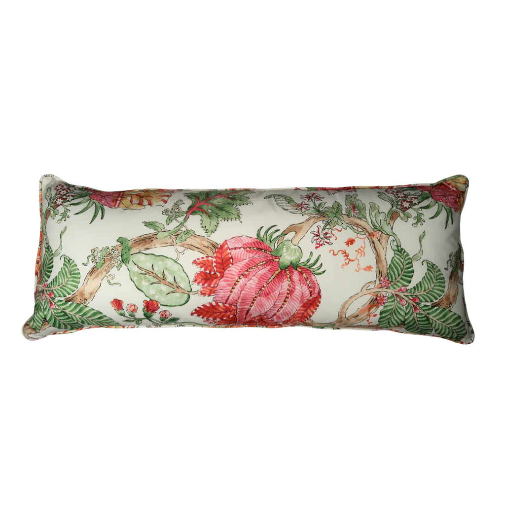 large lumbar pillow with a floral, colorful design